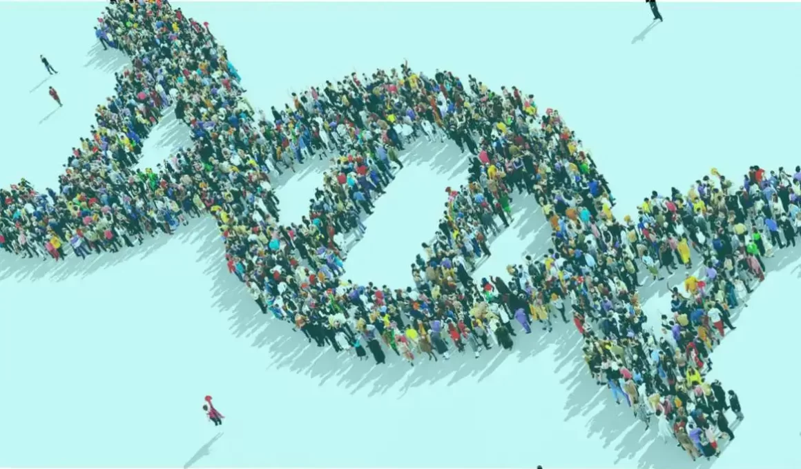 capa ilustrativa de pessoas compondo a representação de uma molécula de DNA - pangenomica