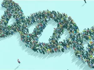 capa ilustrativa de pessoas compondo a representação de uma molécula de DNA - pangenomica